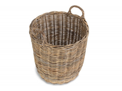 MEDIUM TALL ROUND FIRESIDE GREY RATTAN LOG BASKET