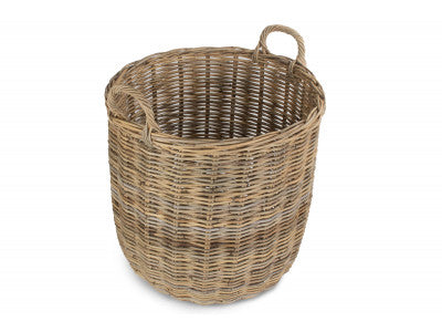 LARGE TALL ROUND FIRESIDE GREY RATTAN LOG BASKET