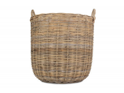 LARGE TALL ROUND FIRESIDE GREY RATTAN LOG BASKET