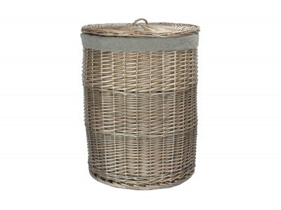 LARGE ANTIQUE WASH ROUND LINEN BASKET with GREY SAGE LINING