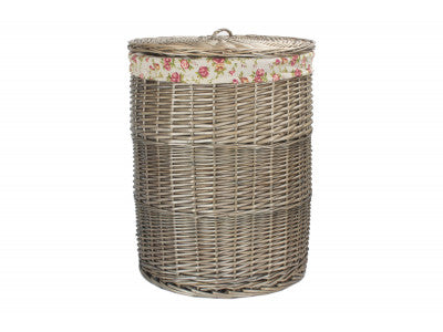 LARGE ANTIQUE WASH ROUND LINEN BASKET with GARDEN ROSE LINING