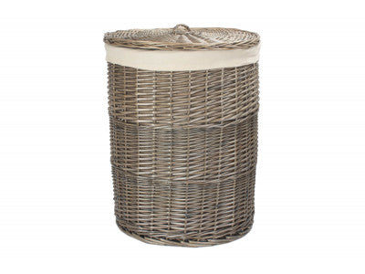 LARGE ANTIQUE WASH ROUND LINEN BASKET with WHITE LINING