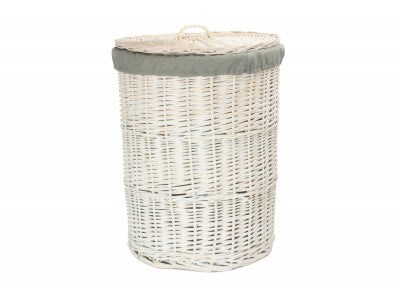 LARGE ROUND WHITE WASH LAUNDRY HAMPER with GREY SAGE LINING