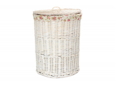 LARGE ROUND WHITE WASH LAUNDRY HAMPER with GARDEN ROSE LINING