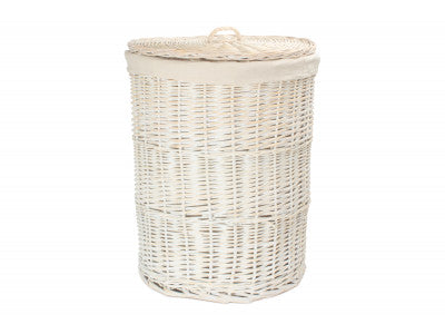 LARGE ROUND WHITE WASH LAUNDRY HAMPER with WHITE LINING