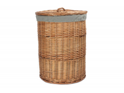 LARGE LIGHT STEAMED ROUND LINEN BASKET with GREY SAGE LINING