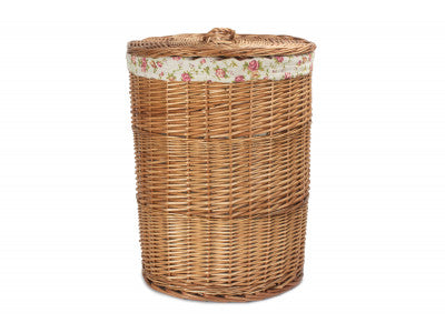 LARGE LIGHT STEAMED ROUND LINEN BASKET with GARDEN ROSE LINING