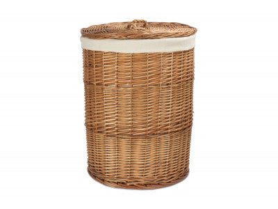 LARGE LIGHT STEAMED ROUND LINEN BASKET with WHITE LINING