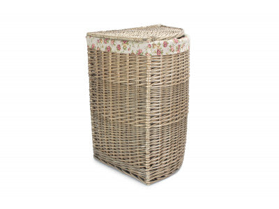 LARGE ANTIQUE WASH CORNER LINEN BASKET with GARDEN ROSE LINING