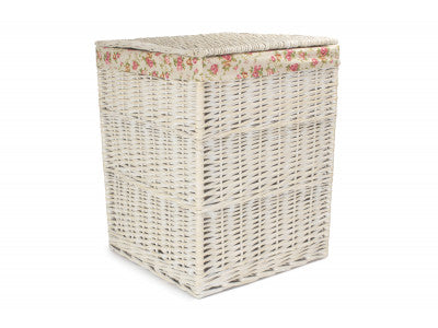 LARGE SQUARE WHITE WASH LAUNDRY HAMPER with GARDEN ROSE LINING