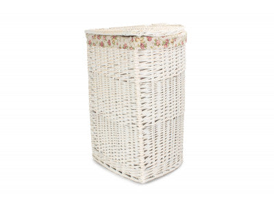LARGE CORNER WHITE WASH LAUNDRY HAMPER with GARDEN ROSE LINING