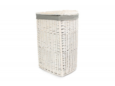LARGE CORNER WHITE WASH LAUNDRY HAMPER with GREY SAGE LINING