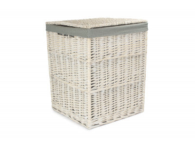 LARGE SQUARE WHITE WASH LAUNDRY HAMPER with GREY SAGE LINING