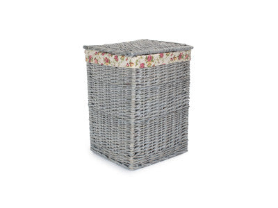 SMALL GREY WASH SQUARE LAUNDRY BASKET with GARDEN ROSE LINING