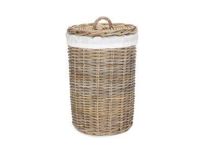 SMALL ROUND RATTAN LAUNDRY HAMPER BASKET with WHITE LINING