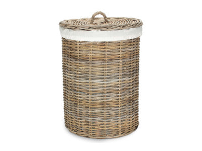 LARGE ROUND RATTAN LAUNDRY HAMPER BASKET with WHITE LINING