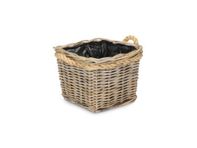 SMALL SQUARE TAPERED ROPE HANDLED RATTAN PLANTER with PLASTIC LINING