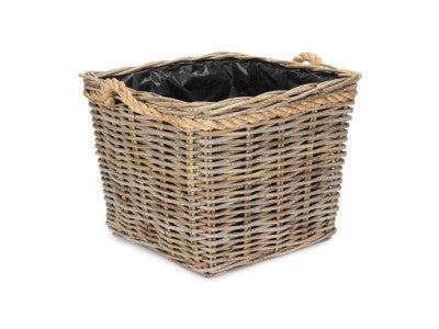MEDIUM SQUARE TAPERED ROPE HANDLED RATTAN PLANTER with PLASTIC LINING