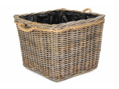 LARGE SQUARE TAPERED ROPE HANDLED RATTAN PLANTER with PLASTIC LINING