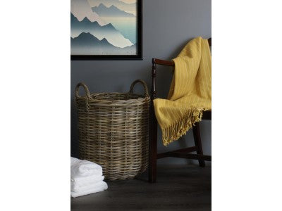 MEDIUM TALL ROUND FIRESIDE GREY RATTAN LOG BASKET