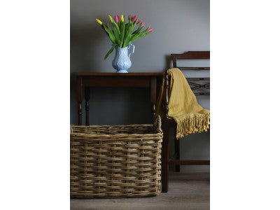 SMALL RECTANGULAR GREY RATTAN HALLWAY LOG BASKET