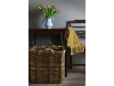 LARGE SQUARE GREY RATTAN LOG BASKET