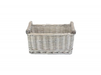 MEDIUM ANTIQUE WASH WOODEN HANDLED STORAGE BASKET