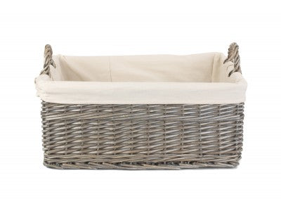 LARGE SHALLOW LINED ANTIQUE WASH STORAGE BASKET