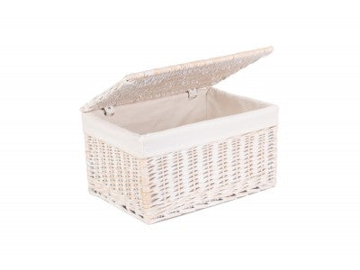 LARGE WHITE WASH FINISH STORAGE HAMPER with WHITE LINING
