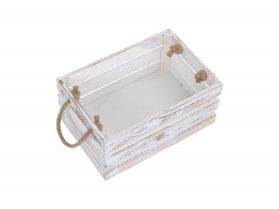 SMALL DISTRESSED WHITE ROPE HANDLED CRATE