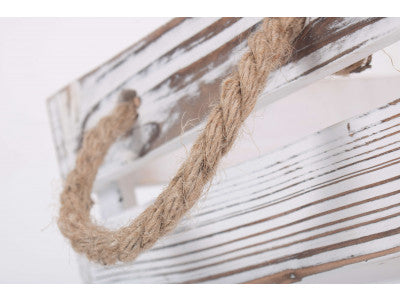 SMALL DISTRESSED WHITE ROPE HANDLED CRATE