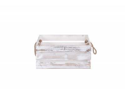 LARGE DISTRESSED WHITE ROPE HANDLED CRATE