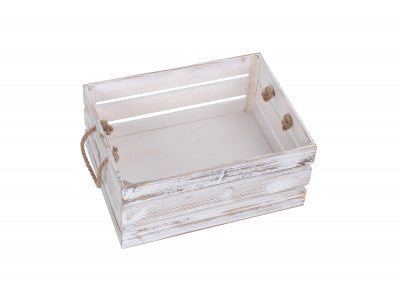 LARGE DISTRESSED WHITE ROPE HANDLED CRATE