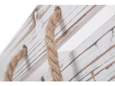 LARGE DISTRESSED WHITE ROPE HANDLED CRATE