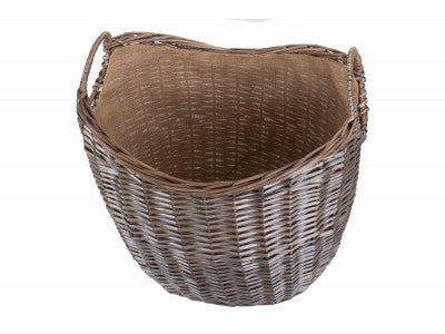 LARGE SCOOP NECK ANTIQUE WASH HESSIAN LINED BASKET