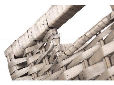 LARGE WOODEN FRAMED SPLIT WILLOW STORAGE BASKET