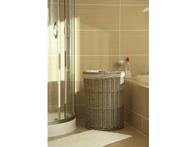 LARGE ANTIQUE WASH ROUND LINEN BASKET with WHITE LINING