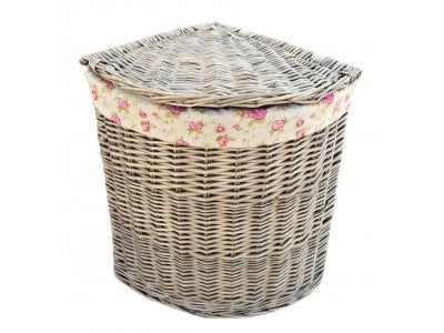SMALL ANTIQUE WASH CORNER LINEN BASKET with GARDEN ROSE LINING