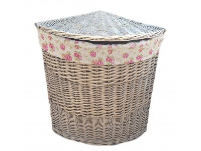 LARGE ANTIQUE WASH CORNER LINEN BASKET with GARDEN ROSE LINING