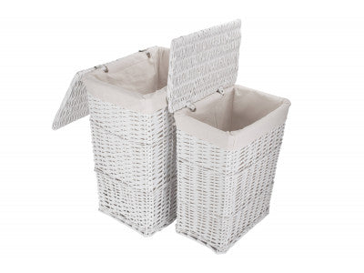WHITE WICKER LAUNDRY HAMPER BASKET SET 2