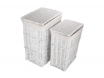 WHITE WICKER LAUNDRY HAMPER BASKET SET 2