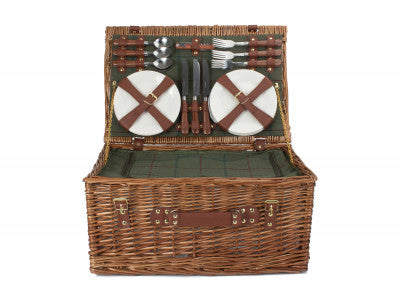 6 PERSON GREEN TWEED CLASSIC PICNIC HAMPER