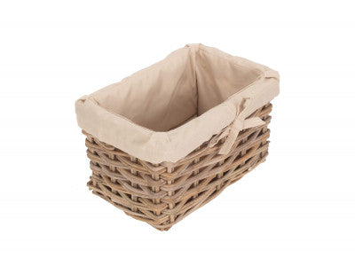 SMALL RECTANGULAR CORDURA LINED GREY RATTAN STORAGE BASKET