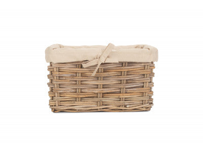 SMALL RECTANGULAR CORDURA LINED GREY RATTAN STORAGE BASKET