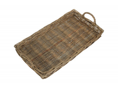 LARGE RECTANGULAR GREY RATTAN SERVING TRAY