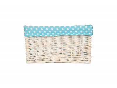 SMALL WHITE WASH STORAGE BASKET with BLUE SPOTTY LINING
