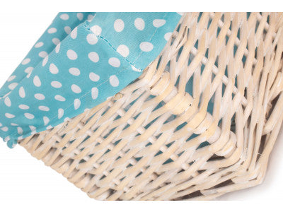 SMALL WHITE WASH STORAGE BASKET with BLUE SPOTTY LINING
