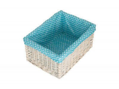 EXTRA LARGE WHITE WASH STORAGE BASKET with BLUE SPOTTY LINING