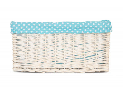 EXTRA LARGE WHITE WASH STORAGE BASKET with BLUE SPOTTY LINING