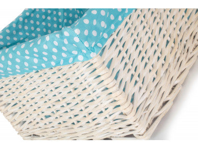 EXTRA LARGE WHITE WASH STORAGE BASKET with BLUE SPOTTY LINING